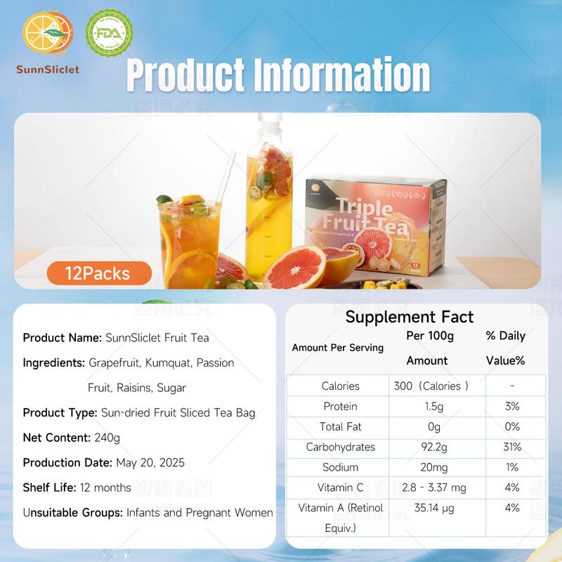 SunnSliclet BOGO 2.0 Version Quadruple VC Grapefruit Kumquat Passion Fruit Cocktail Tea 1 Cartons (1 carton 240g 20g×12packs) Caffeine Free Grapefruit Kumquat Tea With Freeze Dried Lemon Passion Fruit And Kumquat