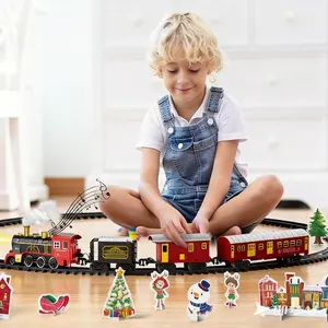 Battery-powered electric train set featuring colorful lights and realistic train horn sounds, complete track set includes a locomotive and three cars, easy to assemble, Indoor educational pretend play toy for children aged 3+, ideal birthday gift for boys