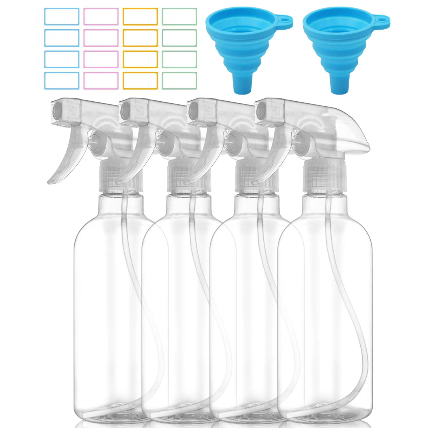 4 pcs transparent spray bottle, 500ml/16.9oz plastic spray bottle, equipped with 1 label sticker and 2 funnels, adjustable nozzle, used for household cleaning, plants, gardens, alcohol, refillable