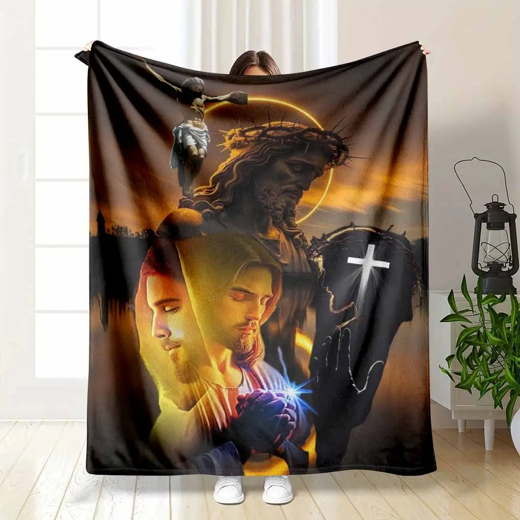 Jesus Christ Flannel Blanket Christian Cross Crown Of Thorns Prayer Print Soft Cozy Lightweight Warm Throw Blanket For Bedroom Sofa Church Meditation Easter Worship Faith Gift Home Decor
