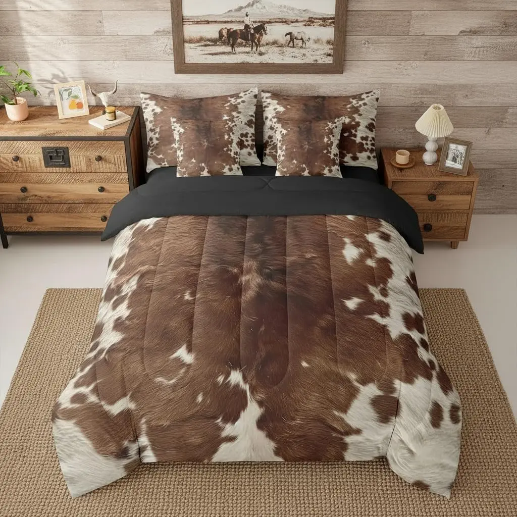 Brown Cowhide Comforter Set With Sheets 7 Piece Cow Fur Print Bedding Set Western Farm Animal Skin Bed in a Bag Farmhouse Room Decor Soft Lightweight Microfiber