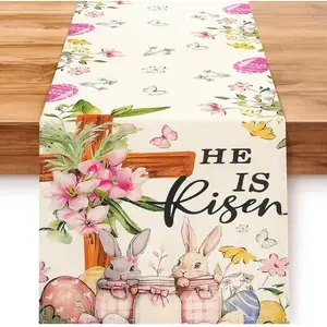 Easter Table Runner 13*72 Inch, Easter Decorations for Table Decor, Bunny Table Runner with Cross Flower, He is Risen Decors Spring Kitchen Dining Table Decor for Home