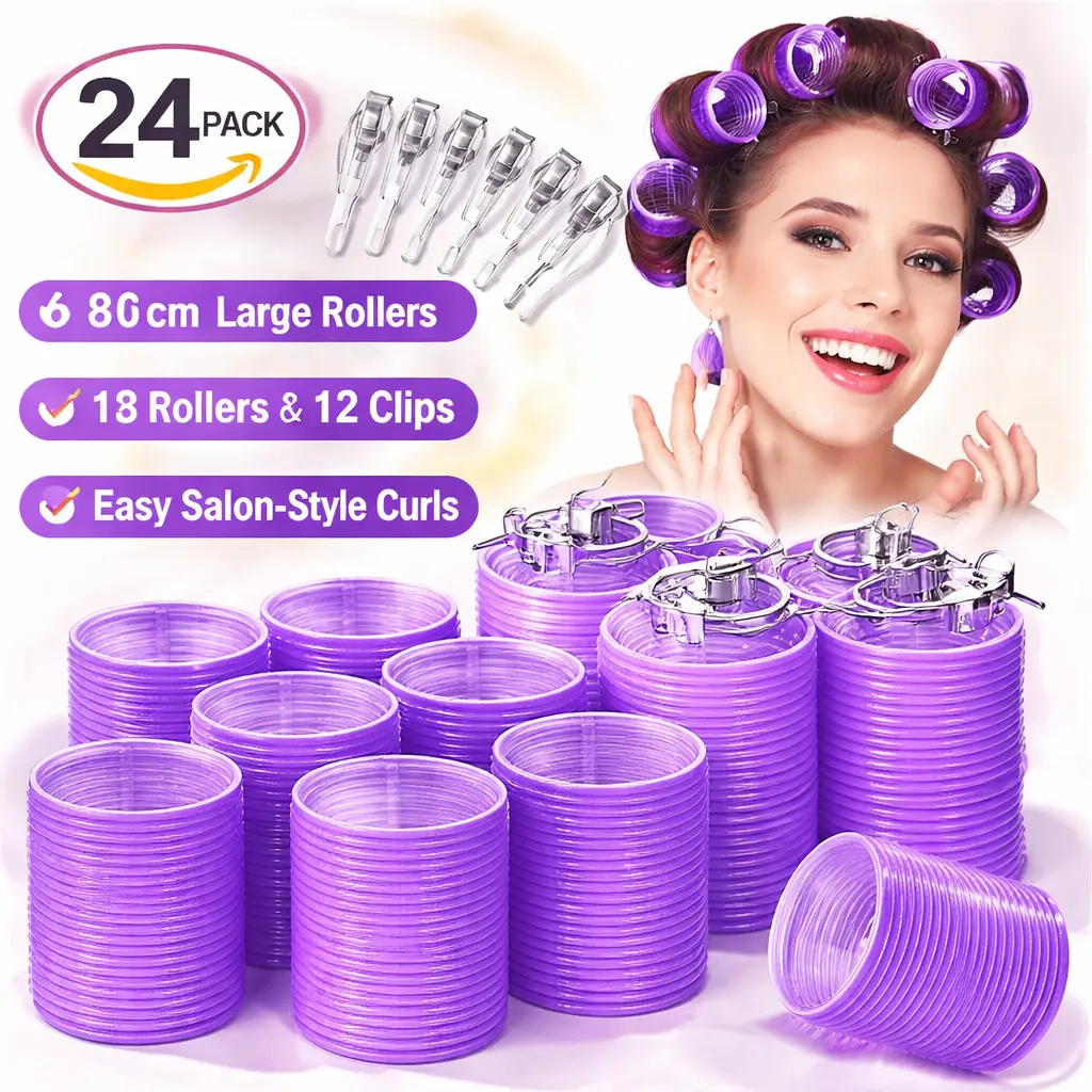 24-Piece Jumbo Hair Curlers Set – 12 Large Rollers & 12 Clips for Voluminous Long Thick Hair – Heatless Styling Tools for Salon Curls at Home