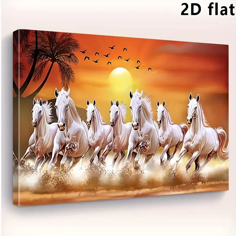 [Hanging Art]2D Flat, Seven Lucky Horses Canvas Wall Art Woven Bachelor Party Decor WoodFramed Wild Horses Print for Living Room Bedroom Office Home Ornament Gifting Suitable for Her and Him 1pc Decoration Cute Animal Design, Woody, Plain