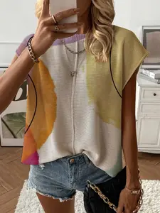 Summer Round Neck Short Sleeve Batwing Knit Top, Loose Fit Geometric Print, Casual Elegant Commuter, Bikini Cover-Up, Women's Fashion