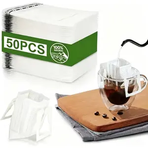 50 coffee filter bags, disposable, ear hanging design, high portability, no residue, easy to use, leak proof design, fine mesh, strong universality, suitable for home coffee brewing, office, travel, camping, pouring coffee filters