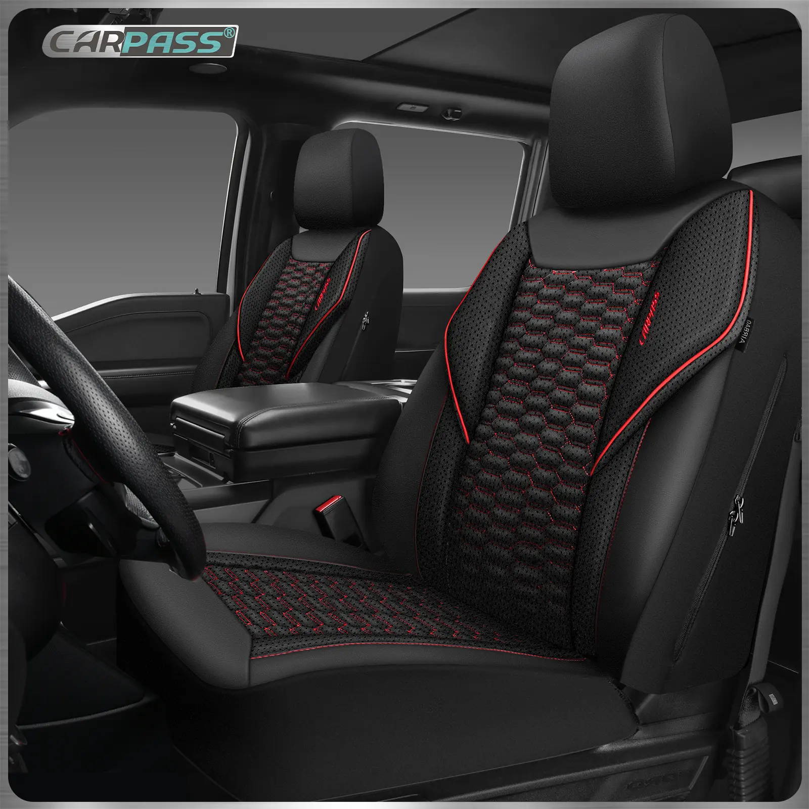 CAR PASS PU Leather Foam Mesh Breathable Waterproof Car Seat Covers for 2/5 Seats, Universal Car Seat Protectors, Suitable for Most Auto Truck Van SUV, Airbag Compatible, Protects Against Spills & Scratches, Car Accessories, Black&Red Front & Rear Covers