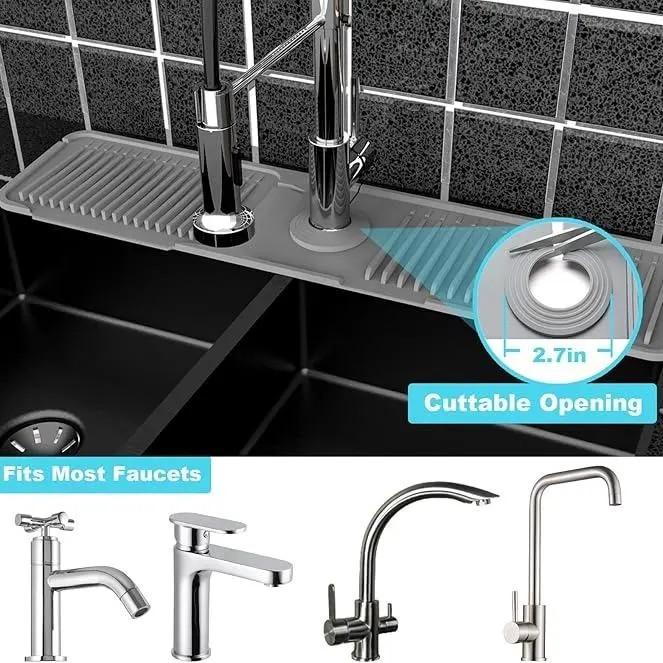 [TikTokShopBlackFriday] 24 Inch Silicone Faucet Mat for Kitchen & Bathroom Sink Splash Guard - 6 Slope Water Draining Mat with Fasten Button for Bathroom Area -Gray