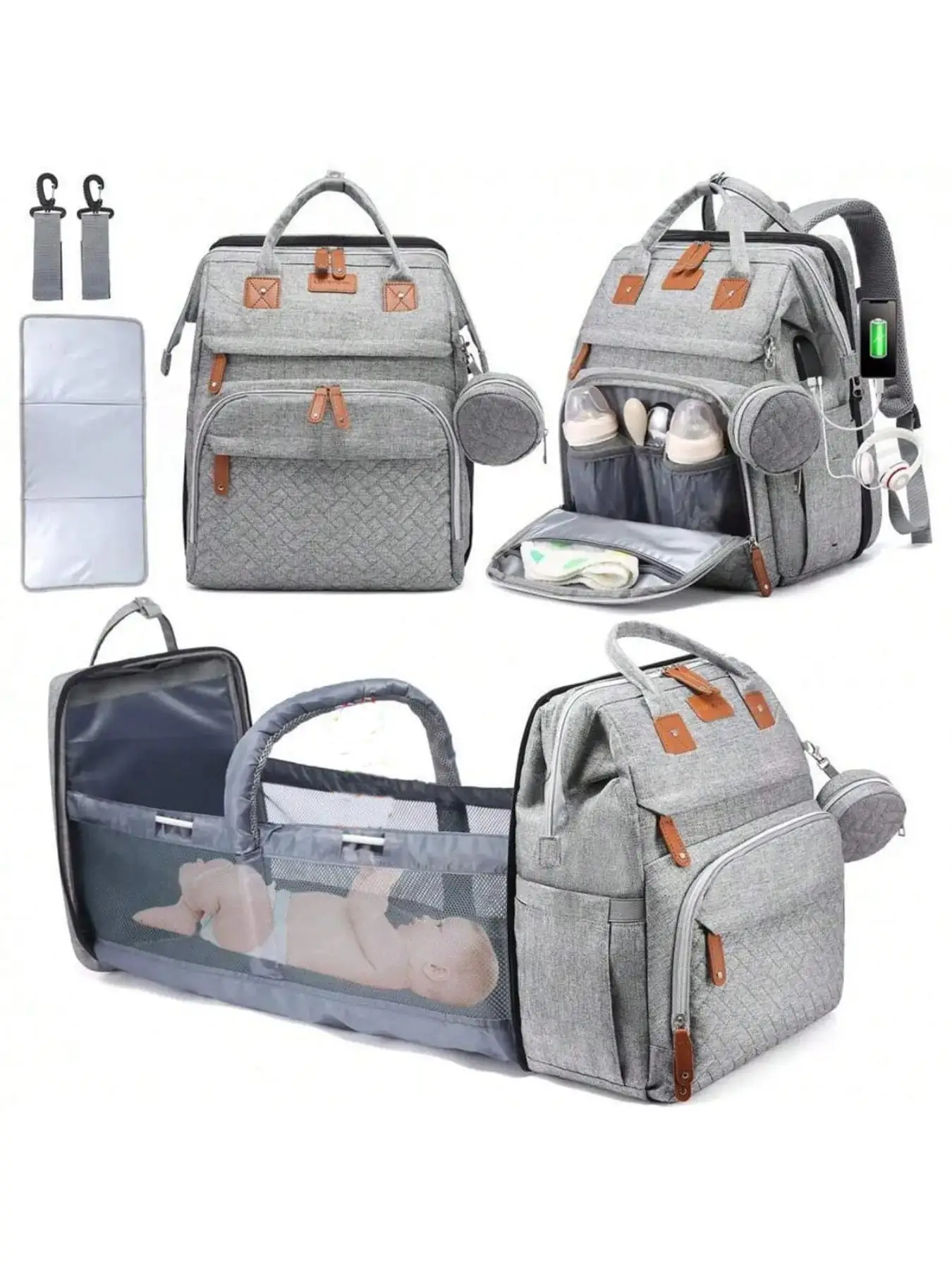 Cute Multifunctional Diaper Bag Backpack with Changing Station, Multifunction Large Capacity Backpack, Lightweight Foldable Mesh Backpack, Portable Tr
