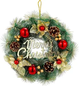 Christmas Wreath,Artificial Christmas Wreaths Xmas Pine Wreath Garland - Wall Hanging with Gold Leaves Red Balls Pine Cones for Front Door Christmas Decorations