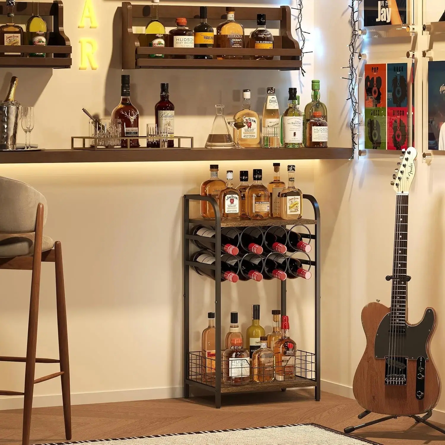 3-Tier Industrial Wine Bar Table - 8-Bottle Capacity Rustic Wine Rack, Space Saver Liquor Bottle Holder, Corner Whiskey Display Shelf, Home Living Room Floor Storage Cabinet, Industrial Wine Cabinet