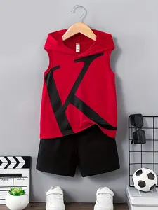 Boys Summer Letter K Fashion Graphic Sleeveless Hooded T-Shirt & Shorts Two-Piece Set, Casual Kids Clothing, Graphic Print Set