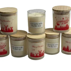 Cedarwood Snowfall Scented Candle with Eucalyptus & Cedarwood Essential Oils Festive Design Natural Wood Lid for Cozy Christmas Atmosphere