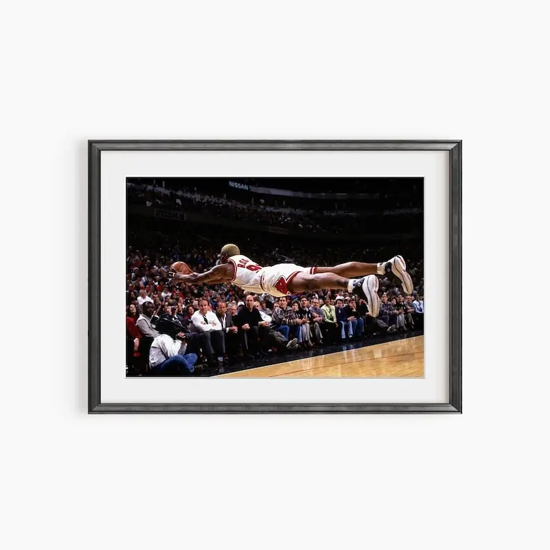 Dennis Rodman Print, Iconic Basketball Moment, Rodman Diving Poster