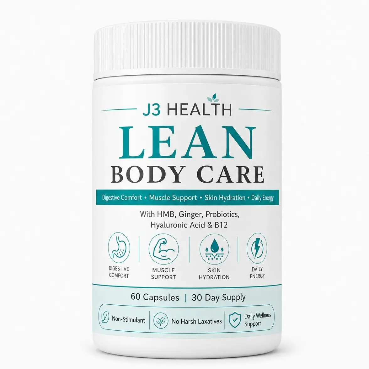Lean Body Care Capsules, 4-in-1 Daily Support for Muscle, Digestive Comfort, Skin Hydration & Energy, with HMB, Ginger, Probiotics & B12, 60 Count