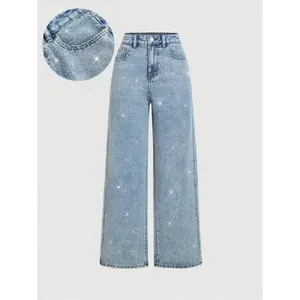 Women's elegant high waisted wide leg jeans, adorned with rhinestones, woven fabric fashionable pants that fit all seasonsRAIMENTRY
