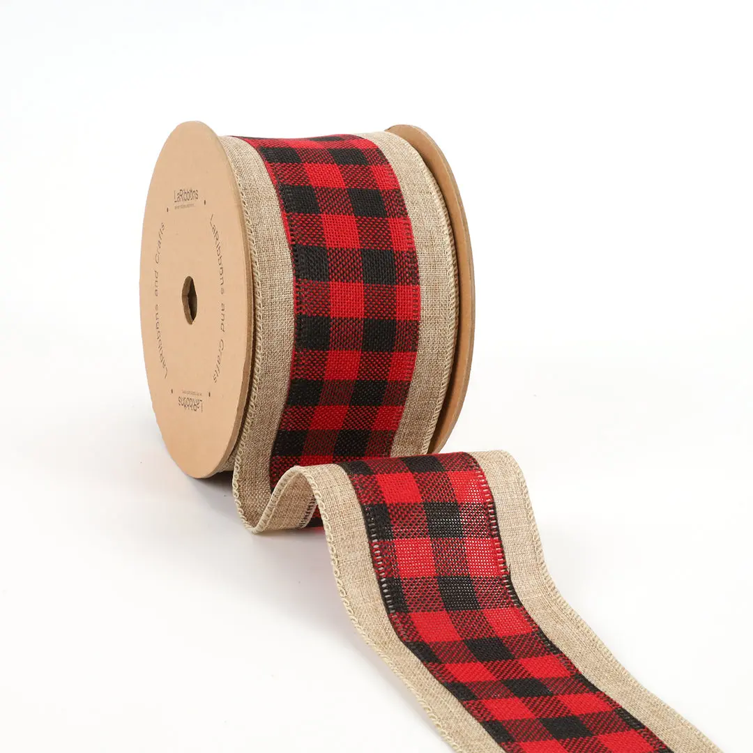 2 1/2" Burlap Holiday Wired Ribbon | "Plaid" Natural/Black/Red | 10 Yard Roll wreath making Christms tree decor