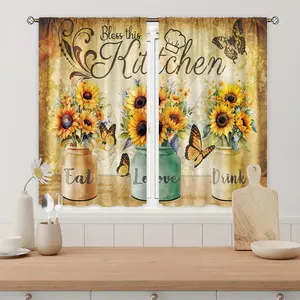 2pcs Polyester - Sunflower Kitchen Curtains Vintage Rustic Yellow Flower Watercolor Plant Butterfly Positive Quotes Country Print Cafe Office Living  Bedroom Dining  Home Decoratio decor set inganchos custom drapery panel doble layer room darkening floral