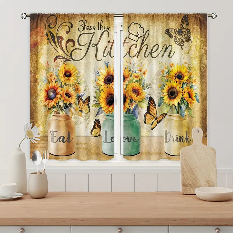 2pcs Polyester Vintage Floral Farmhouse Boho Home Decoration Curtains - Watercolor Sunflower, Plant, Butterfly, Positive Quotes Print, Room Darkening Double-Layer Drapery Panels with Hooks, Home Textile for Kitchen, Living Room, Home Decoration Curtain