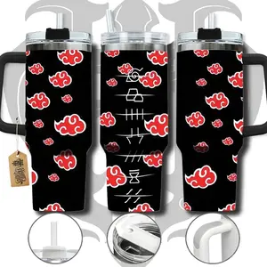 WeXAnime 40oz Stainless Steel Akatsuki Water Bottle - Vacuum Insulated, Portable, Washable Travel Mug with Black 40oz Cap & Handle, Anime-Inspired Iced Coffee Drinkware, Otaku Gift