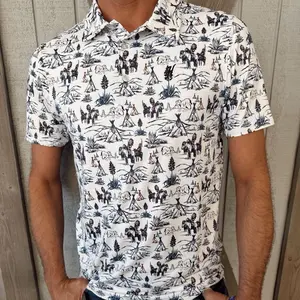 Men's White Cowboy Golf Polo with Unique Western Print and Comfortable Fit for Sports and Casual Wear