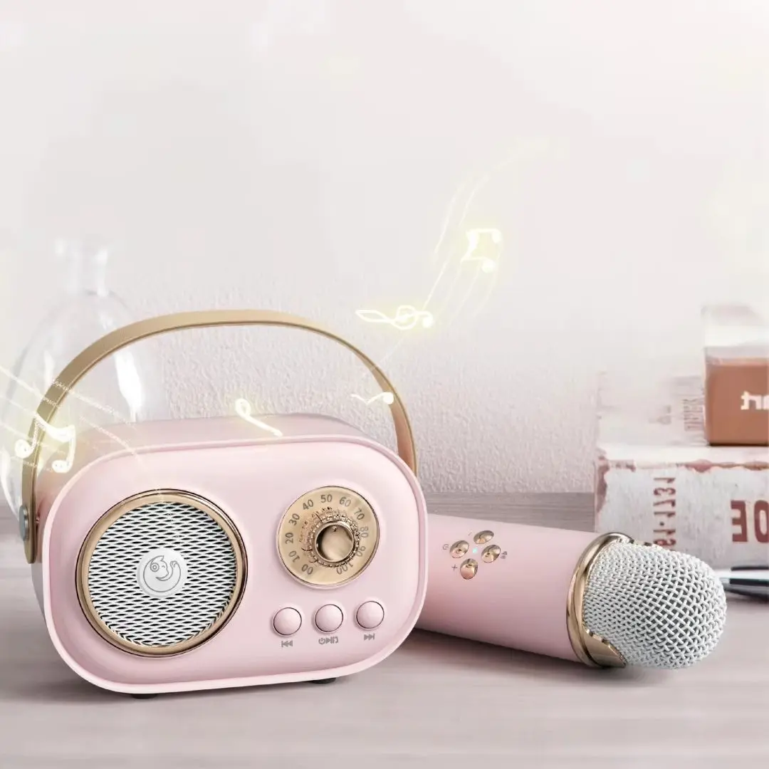 Vintage Style Karaoke Speaker Microphone Set, Cherry Fresh Look, Bluetooth-compatible Connection, Supports Independent Playback & Karaoke, Wireless Party Speaker, Speaker Package, Rechargeable Portable Audio