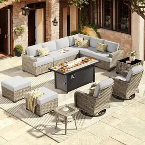 POUUIN Modern 13-Piece Woven Texture Outdoor L-Shaped Sectional Patio Furniture Set, Fire Pit Outdoor, Swivel Chairs, Ottomans & Extra-Deep Multiple Seats Conversation Sofa