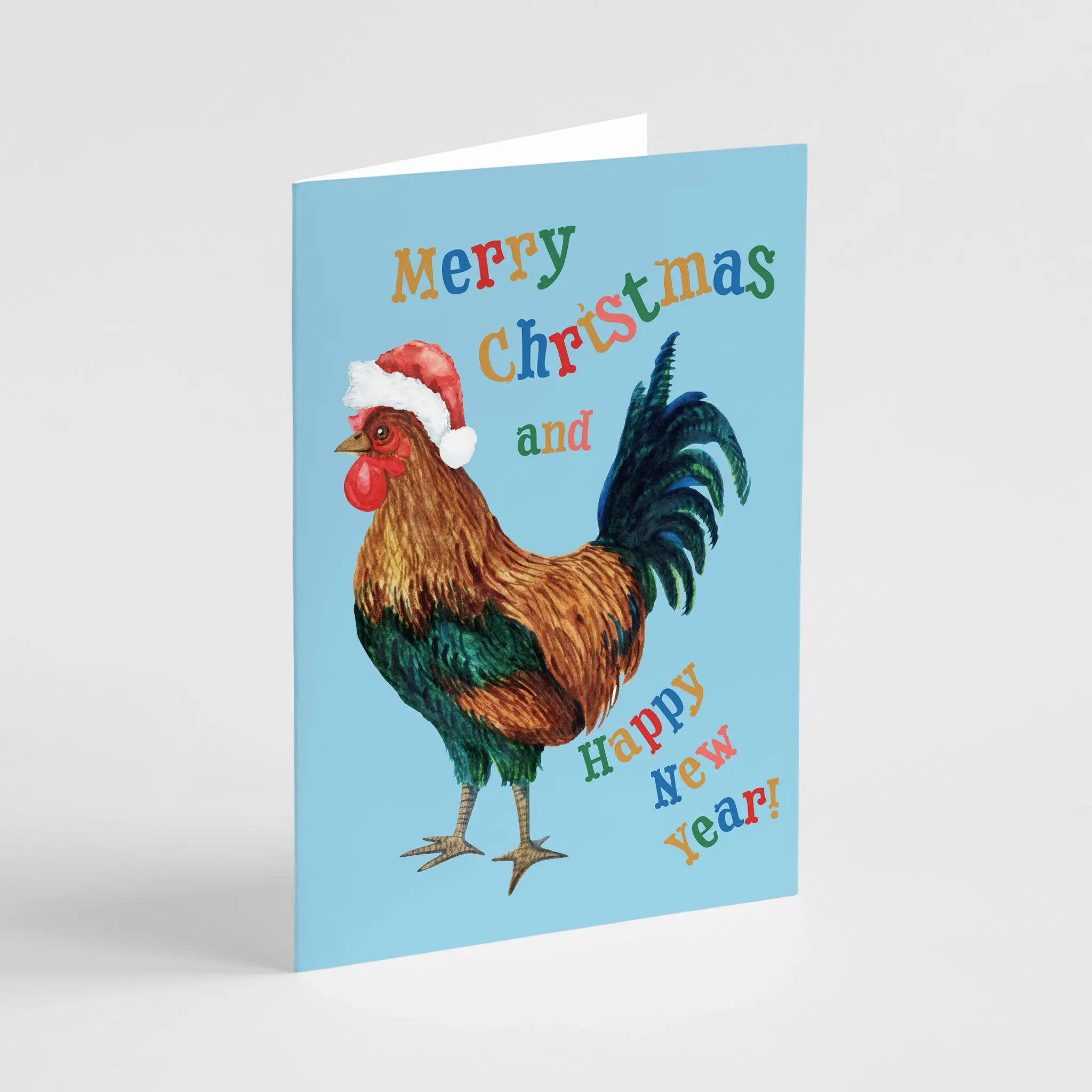 24 Colorful Retro Chicken Merry Christmas and Happy New Year Cards with Envelopes