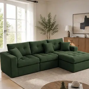 ARCH Corduroy L-Shaped Sectional Sofa with Corner Chaise Lounge, 3-Seat Convertible Couch for Living Room, No Assembly Required, High-Density Sponge Cushions, Army Green/Dark Green Options, 72.83Wx113.39Dx33.46H, Army Green/Dark Green Color Options