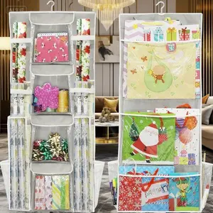 Double-Sided Hanging Organizer for Wrapping Paper, Storage Pockets Set, Space-Saving Gift Wrap Holder, Reusable Fabric Pockets, Wall-Mounted Holiday Decor Storage