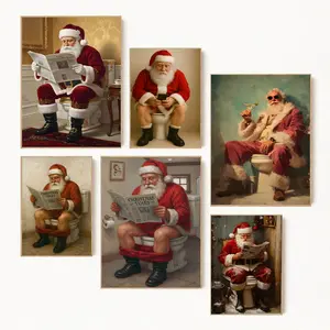 Vintage Christmas Wall Art, Santa Claus Sitting on The Toilet Canvas Wall Art Prints for Winter Room Art Decor, Christmas Posters Decor, Holiday Decoration Gifts for Bedroom