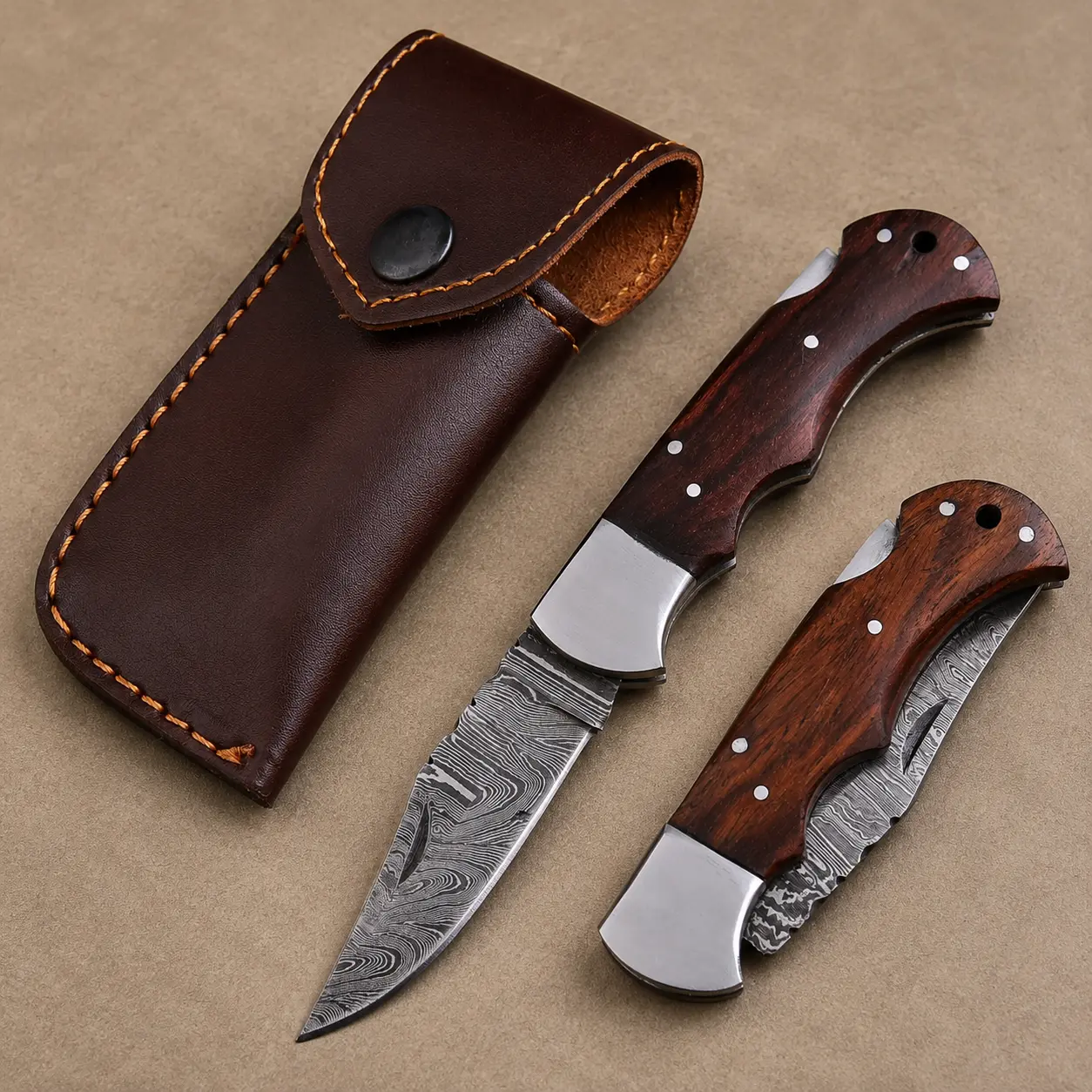 Artisan Damascus Folding Knife – Mocha Brown Rose Wood Handle