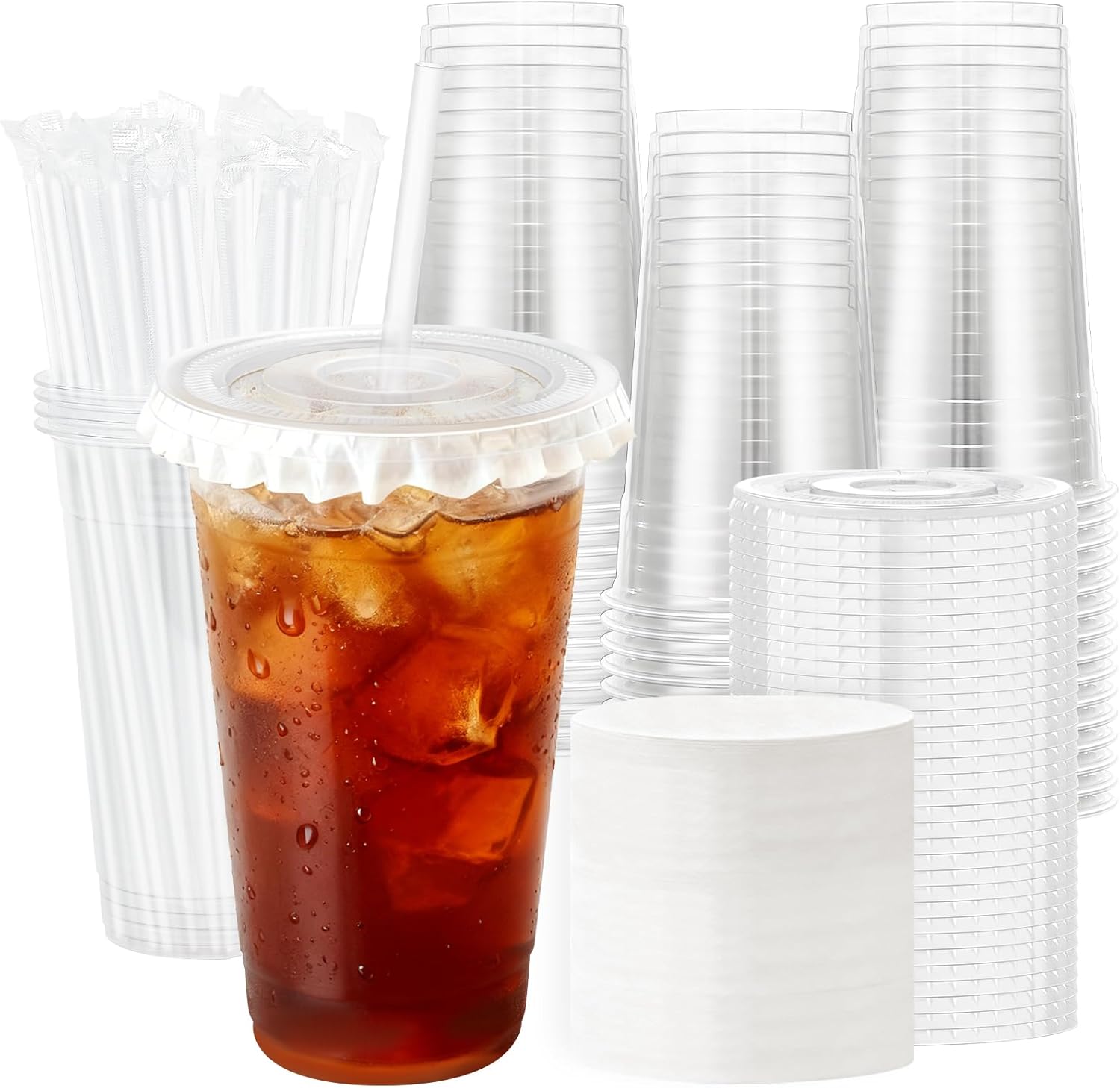 50 Pack 24 oz Clear Plastic Cups with Lids and Straws, Sturdy Disposable Coffee Cups with Lids for Iced Coffee, Cold Drinks, Smoothies and To-Go Beverages