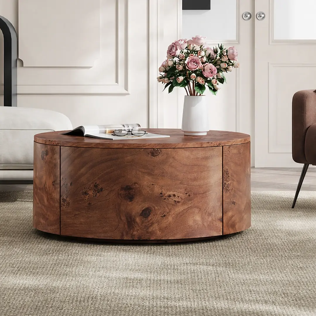 ARCH Burl Wood Rotating Coffee Table with 2 Drawers 360° Swivel Top Walnut Bentwood MDF Living Room Furniture 28.4" Round Accent Table for Modern Home Decor Storage Center Table, Walnut Color Options, Bent Wood/MDF Material, Product Weight: 61.40 lb