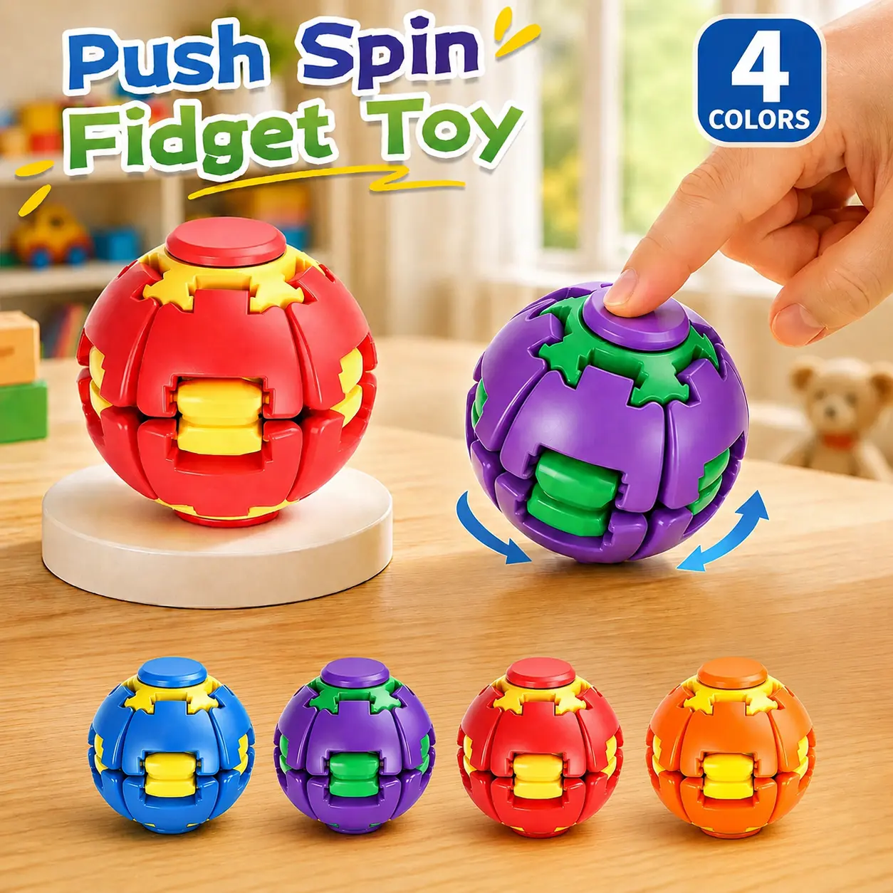 Press-to-Spin 3D Printed Transforming Ball Fidget Toy - Smooth Spinning Sensory Gyro, Unisex 4+ Years Fidgeting Tool, Sensory Stress Reliever, Stress Relieving Desk Gadget, ADHD Focus Aid, Portable Handheld Toy