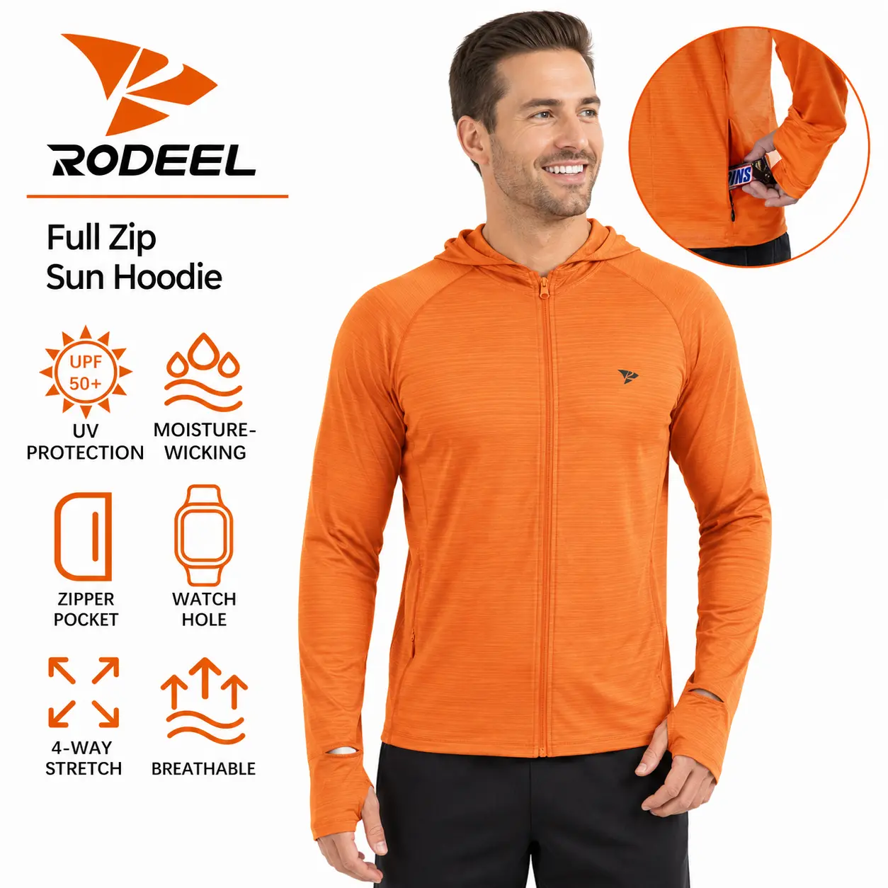 【RODEEL】930 Full Zip Sun Hoodie Shirts w/ Thumbhole Men UPF 50+ UV Protection Long Sleeve Lightweight Quick Dry Moisture Wicking Breathable Athletic Activewear for Outdoor Hiking Camping Fishing Construction Landscaping SummerWins