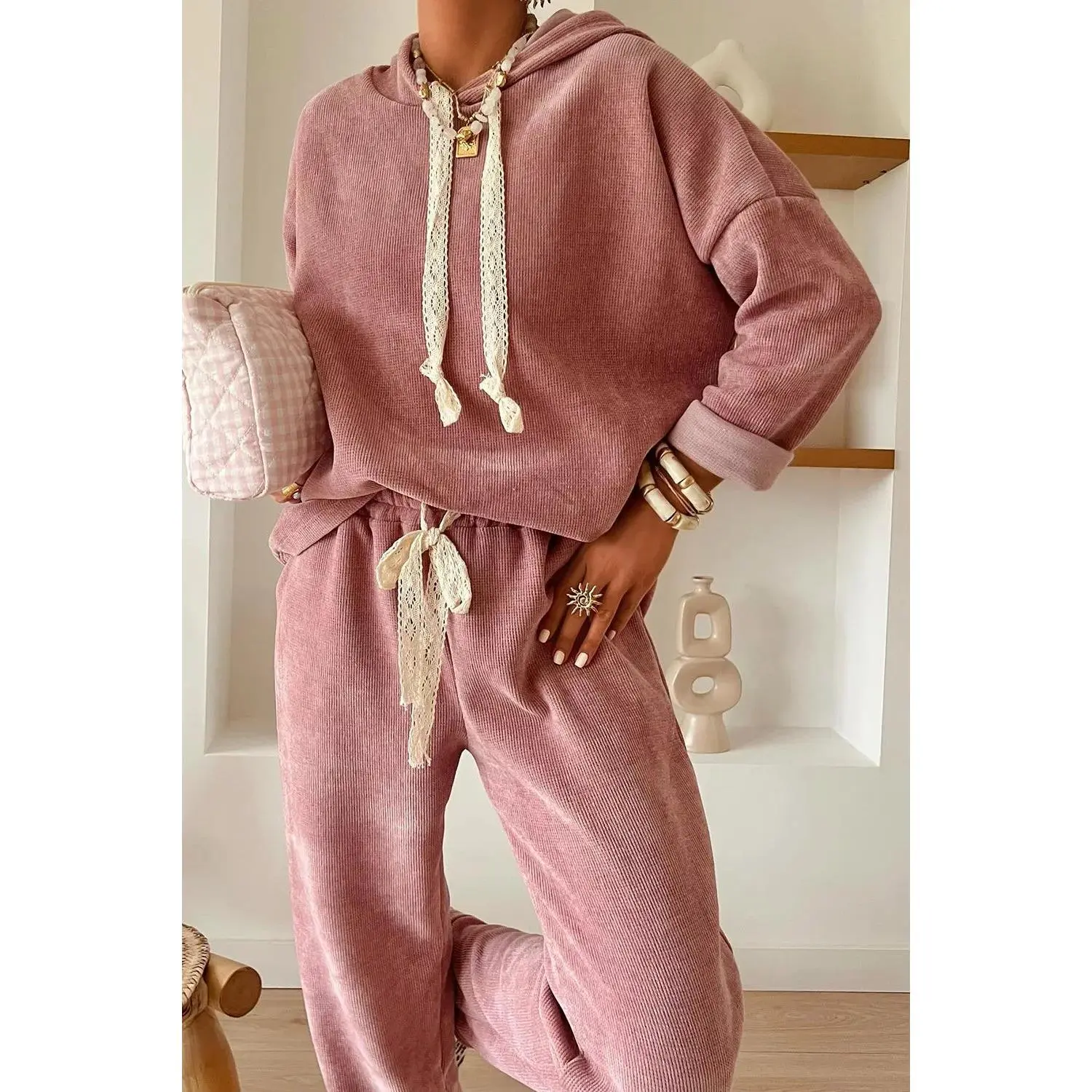 Women's Lace Detail Dropped Shoulder Hoodie & Pants Set