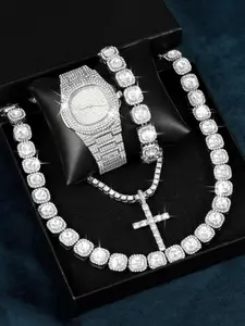 Men's Luxury Rhinestone Decor Watch & Jewelry Set, Including Watch & Necklace, Fashion Watch Set for Party, Daily Decor, Exquisite Watch Set for Gift, Fashionable Jewelry Set