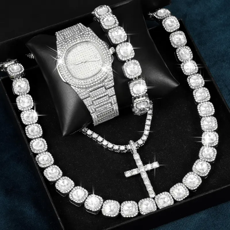 Men's Luxury Rhinestone Decor Watch & Jewelry Set, Including Watch & Necklace, Fashion Watch Set for Party, Daily Decor, Exquisite Watch Set for Gift, Fashionable Jewelry Set, Trendy Watch Set