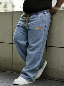 Loose, oversized, Streetwear, all-season men's drawstring elastic waist Light wash, washed and distressed loose straight-leg stretchy oversized jeans, comfortable fit, suitable for daily casual wear, urban gatherings