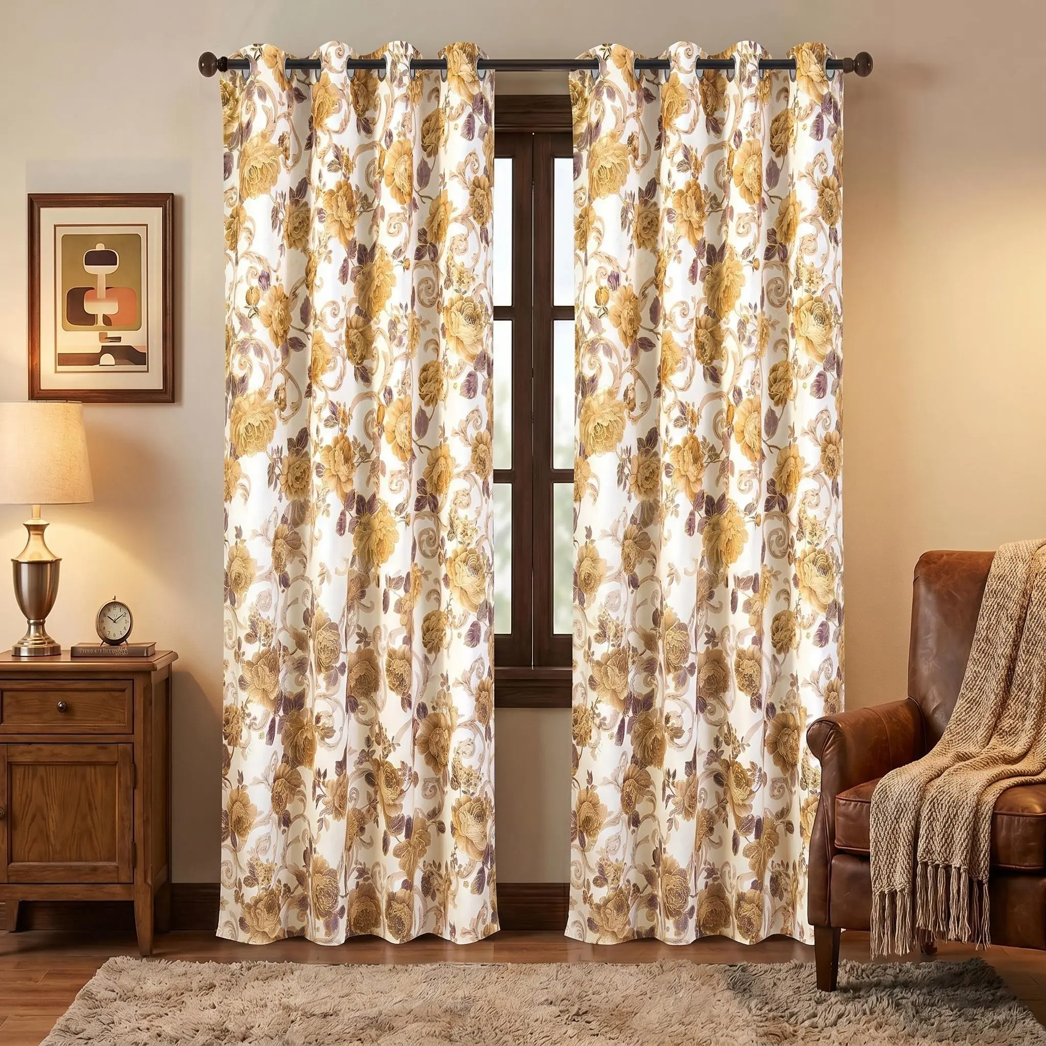 2-Panel Foil Metallic Rose Flower Pattern Blackout Window Drapes, 52"x84" Privacy Grommet Curtains, Vintage Blackout Window Cover for Home Decoration Curtain, Apartment Bathroom Use, QF261 Summer Gift noise reduction