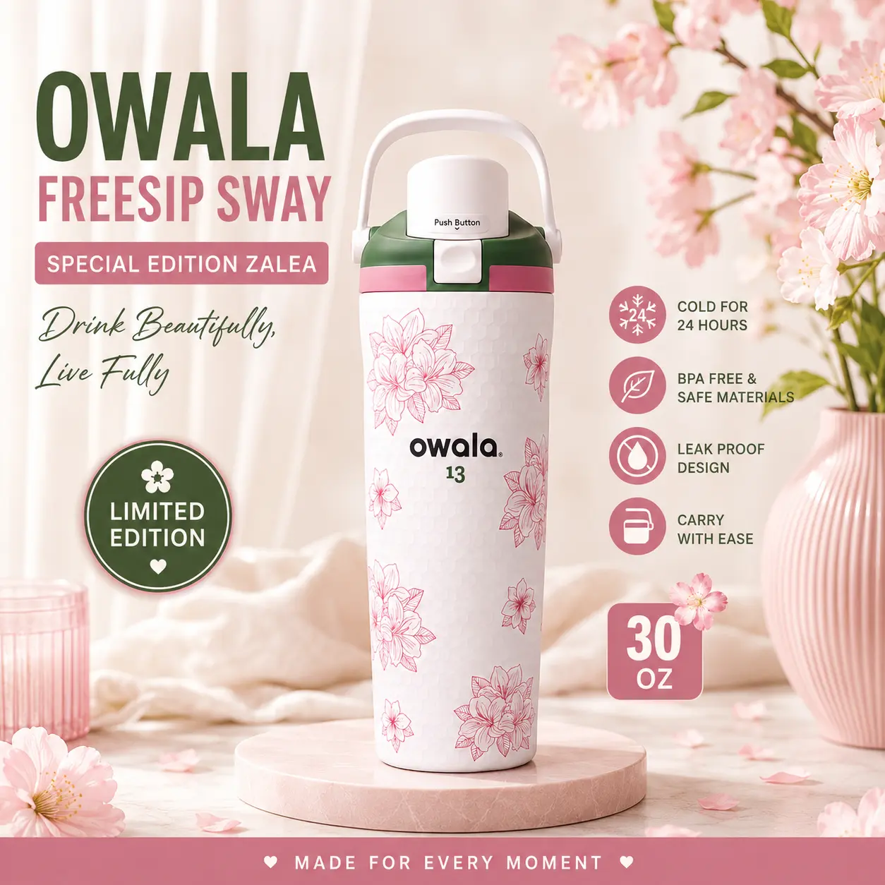 Owala FreeSip Sway Zalea 30 oz Insulated Stainless Steel Water Bottle with Built-In Straw, Limited Edition Floral Design