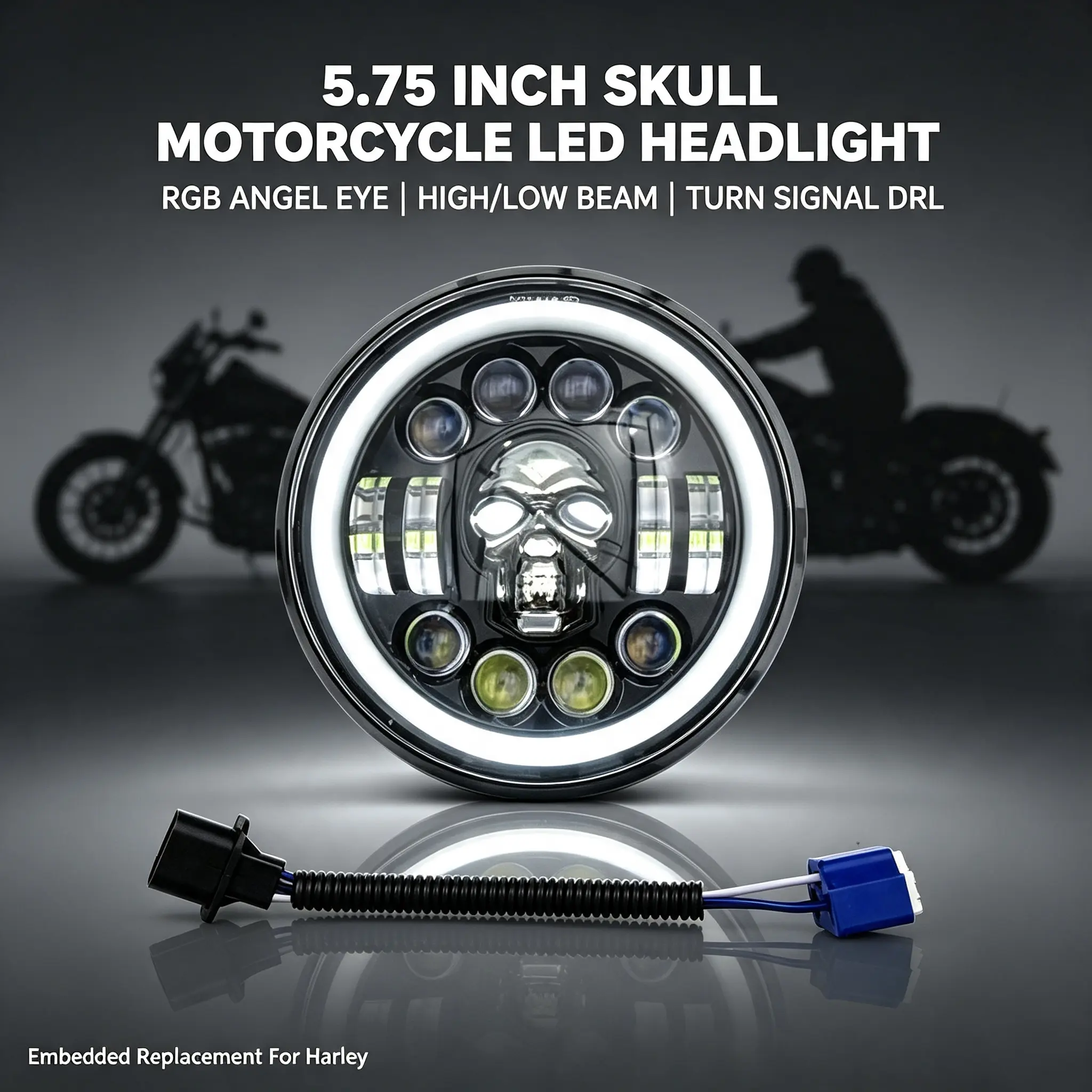 5.75 inch skull motorcycle headlight, 5.75 led headlight, motorcycle skull led headlamp, RGB angel eye headlight, Harley 5.75 headlight replacement