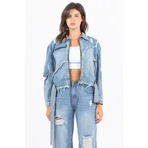 American Bazi Full Size Distressed Frayed Edge Zip Up Denim Jacket Plus Size