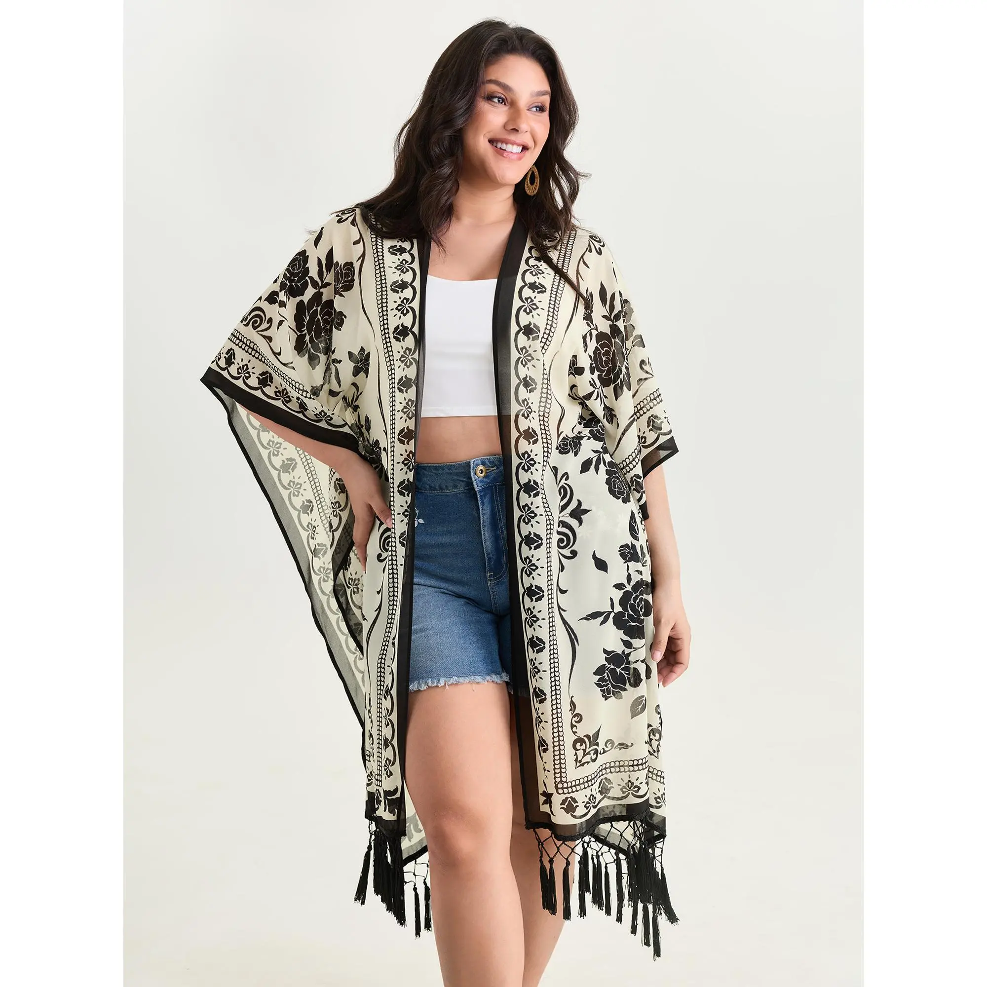 BLOOMCHIC Women's Curvy Plus Size Polyester Black Floral Print Smooth Open-Front Kimono - Tassel Hem Top, Sizes M-6X, 2026 Summer Swimweek Vibes, Exclusive Deals, Curvy Plus Clothes Women