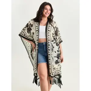 BLOOMCHIC Plus Size Black Flower Floral Print Smooth Fabric Open-Front Kimono - Tassel Hem Fit Garment M-6X Sizes 2026 Summer Vibes Swimweek