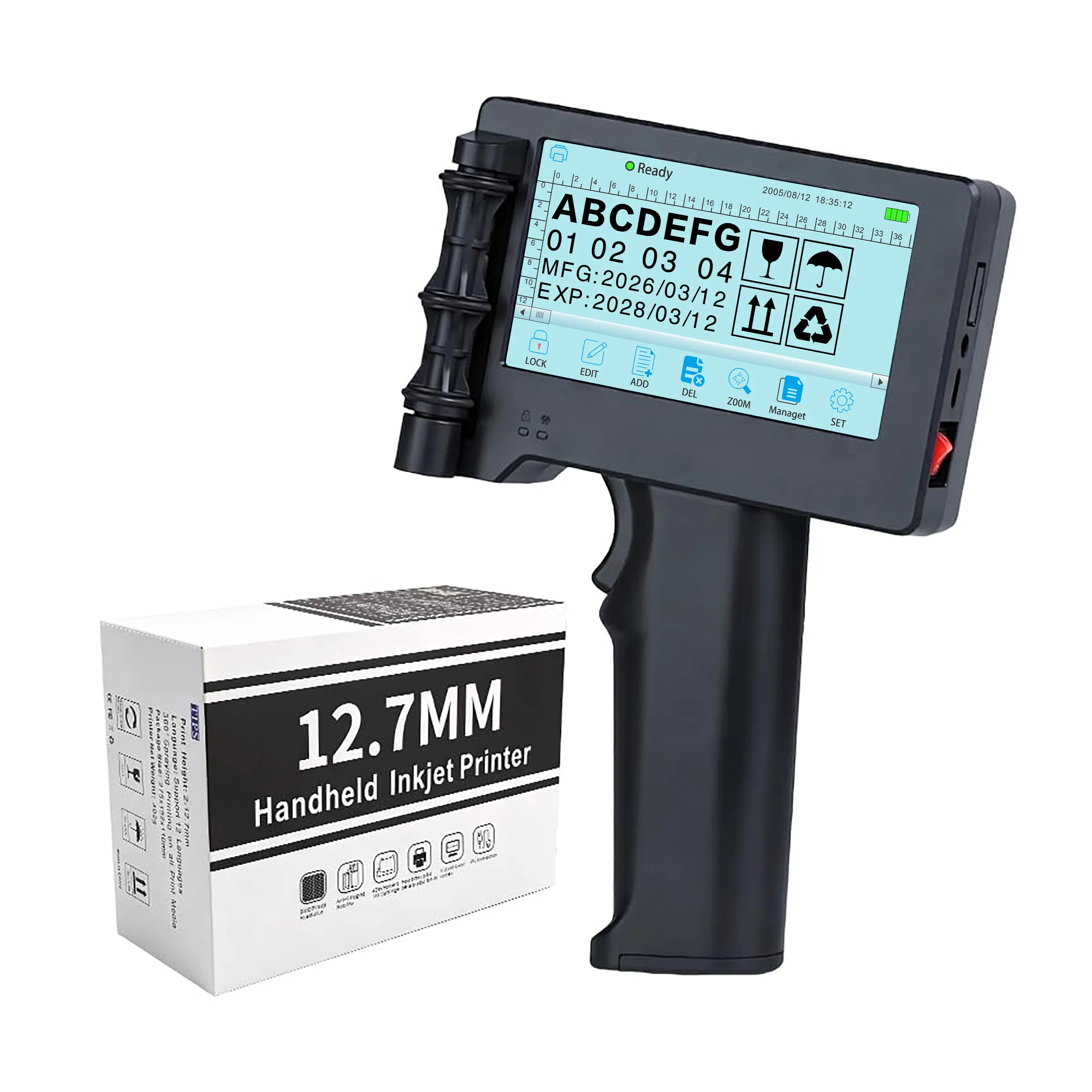 Handheld Inkjet Printer with 42ml Quick-Drying Ink, No App Needed, Portable Date and Batch Coding Machine for Text, QR Code, Barcode, Logo and Serial Number Printing on Plastic, Metal, Wood and Carton