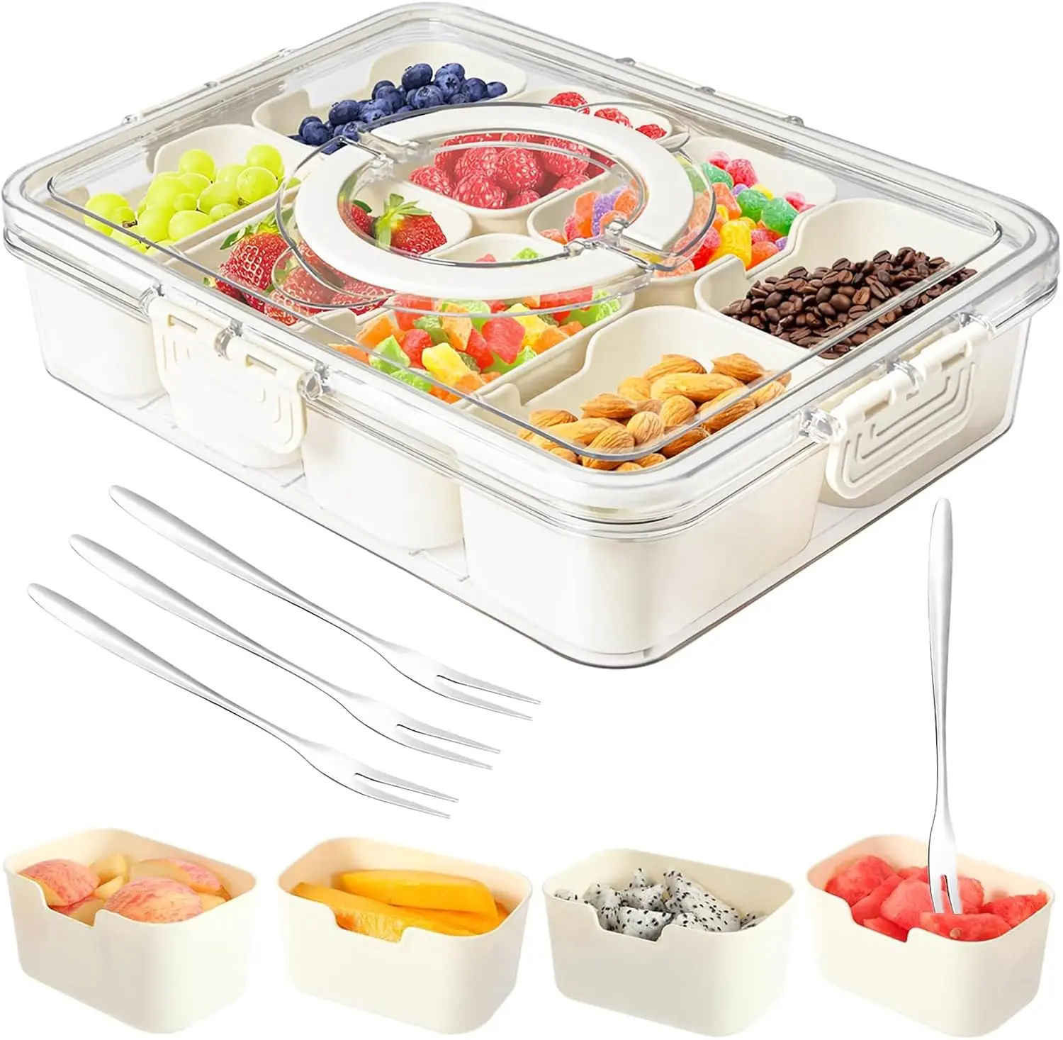 8-Compartment Kitchen Utensils Snackle Box Container, Portable Divided Serving Tray with Lid and Handle, Clear Storage Organizer for Fruit, Candy, Nuts, Veggie – Perfect for Road Travel, Party (1 Pack)