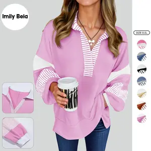 Imily Bela Womens Color Block Oversized Sweatshirt V Neck Long Sleeve Casual Loose Pullover Tops
