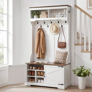 HOOBRO Farmhouse Hall Tree with Shoe Bench, 11 Hooks & Shoe Storage, Entryway Bench with Shoe Cabinet, Floor Standing Coat Rack, for Entryway, Hallway, White and Walnut